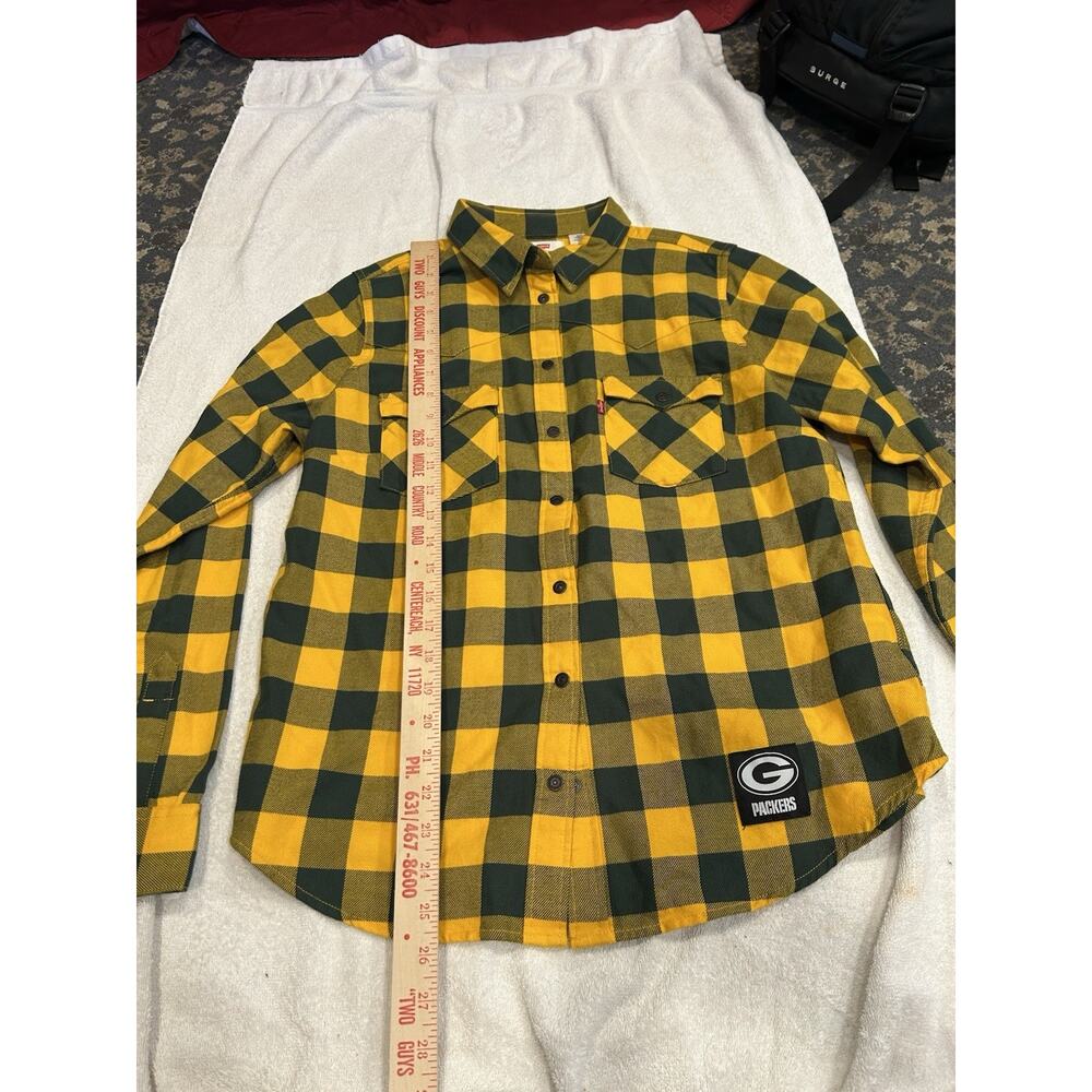 NWOT Levis Green Bay Packers Shirt Womens L Yellow & Green Plaid Cotton Snap NFL